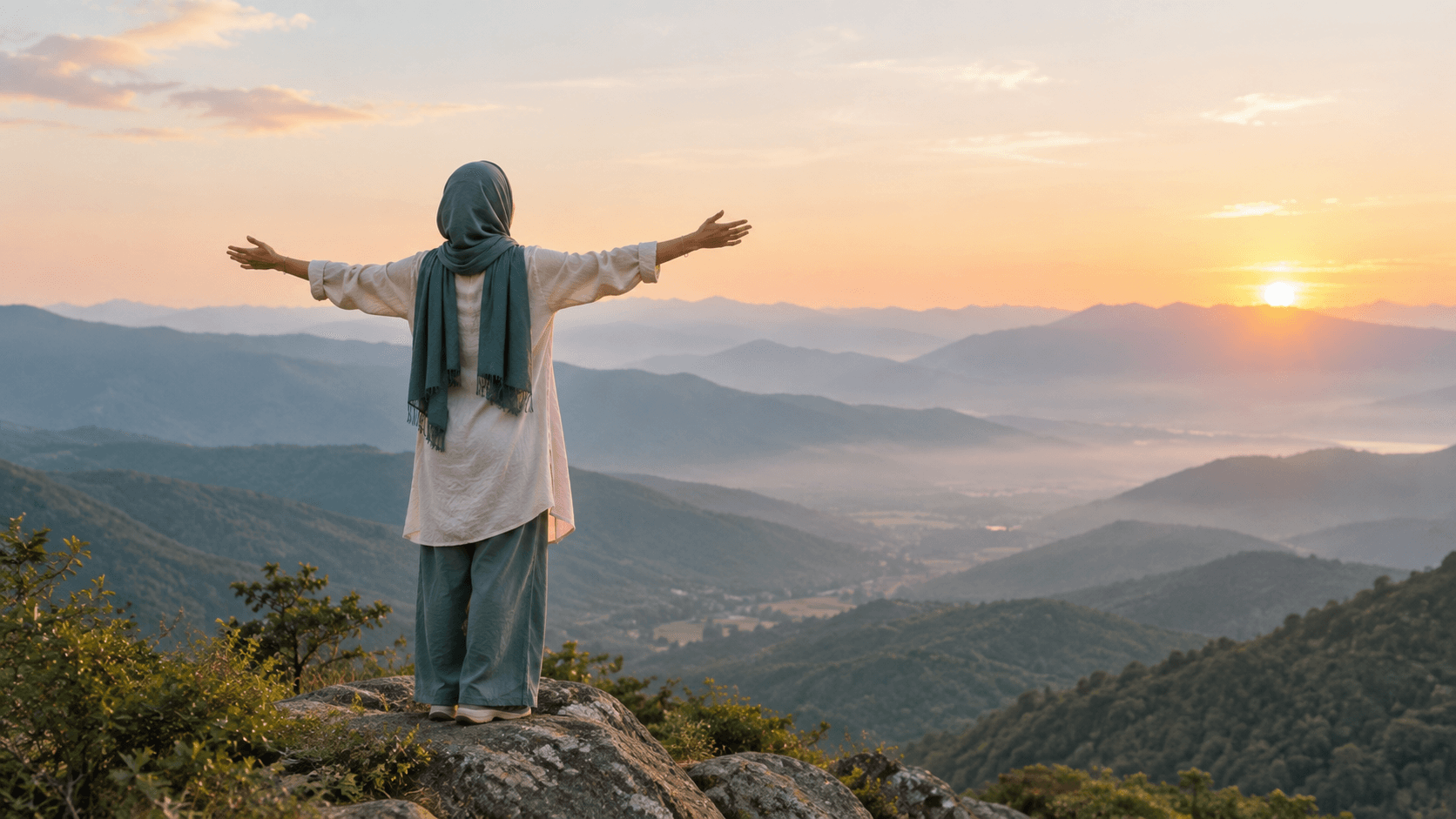 زنی با دستان باز رو به کوهستان در نور صبح