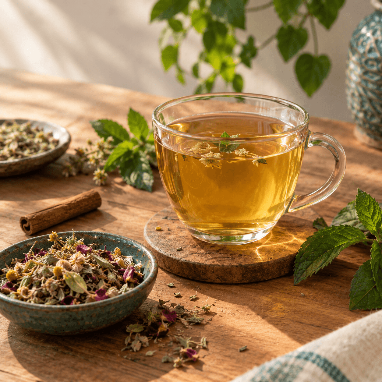 فنجان چای گیاهی با برگهای تازه
