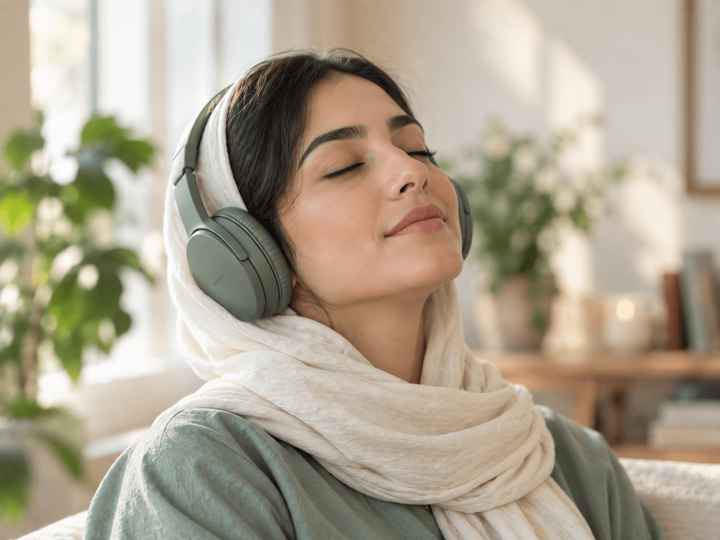 زنی با هدفون چشمبسته در حالت آرامش